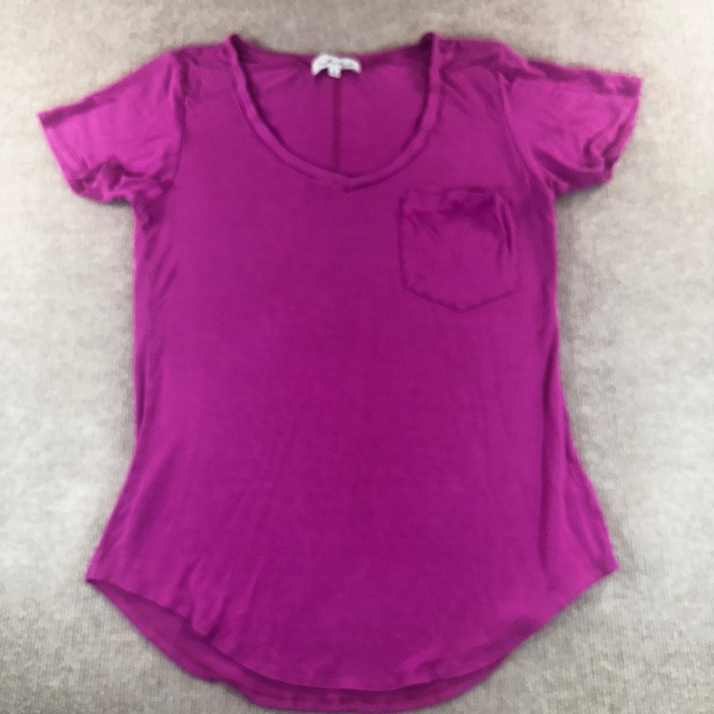 Another Love Womens V-Neck Pocket T-Shirt Magenta Purple Rayon Blend Size Small